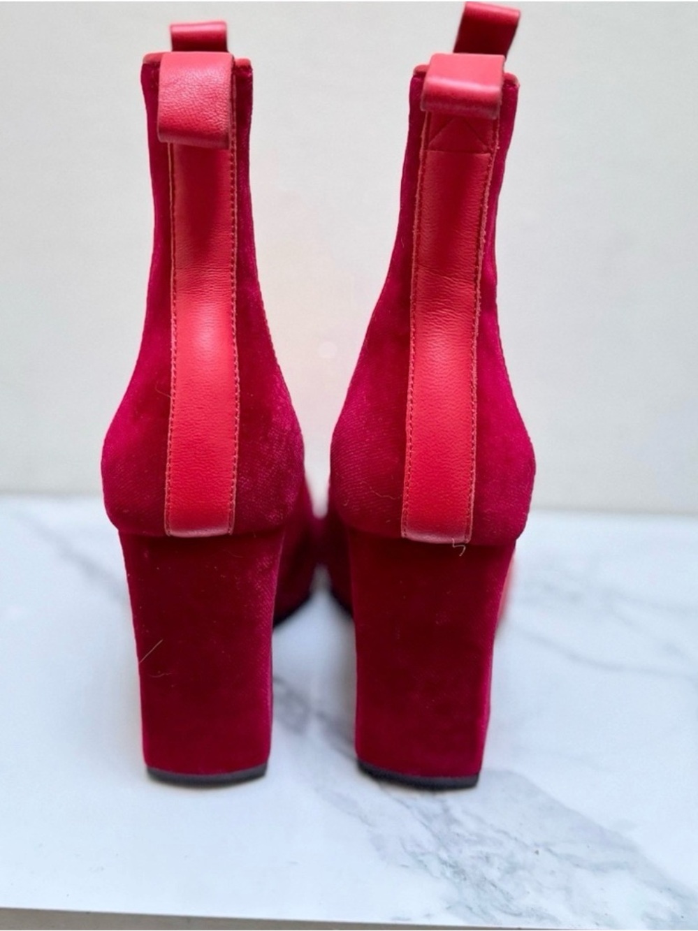 John Fluevog Fast Cars Le Mans Platform Red Velvet Chelsea Boots - Picture 9 of 13